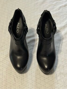 ALDO Black Leather Ankle Booties with Buckle Detail
